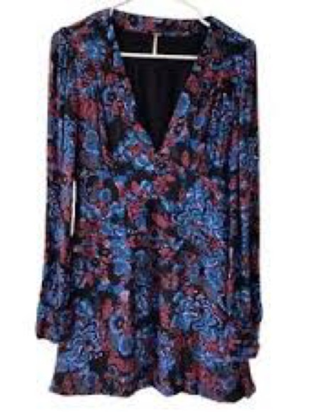 Free People Ship Wreck Cove Blue & Maroon Paisley V-Neck Mini Dress